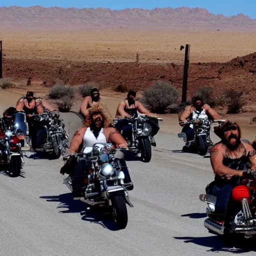 Image similar to hells angels riding ona long road in the desert