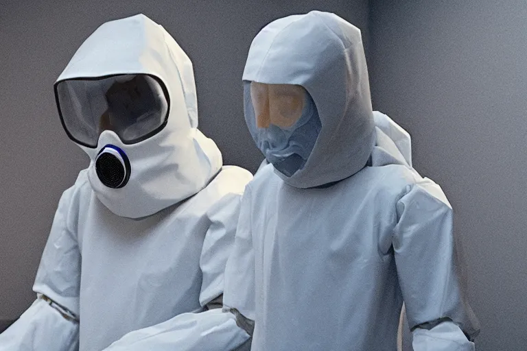 Image similar to man wearing hazmat suit in cleanroom large 3D printing humanoid plastic robot. by Roger Deakins