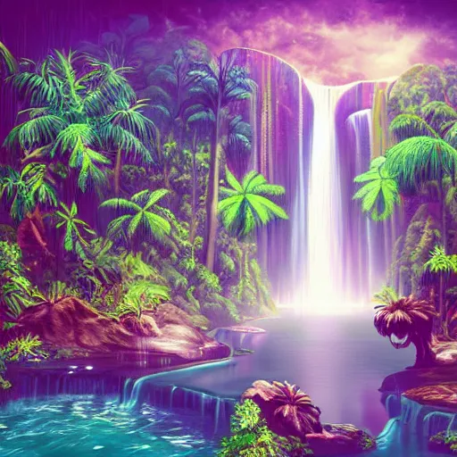 Image similar to A big palace in a tropical forest with waterfalls, retrowave art,digital art trending on art station