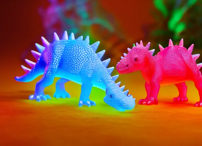 Image similar to photo of a translucent clear pixar 3 d style baby dinosaur stegosaurus, with symmetrical head and eyes, made out of clear plastic, but has red hypercolor glowing electric energy inside its body, and electricity flowing around the body. in the forest.. highly detailed. intricate design by pixar