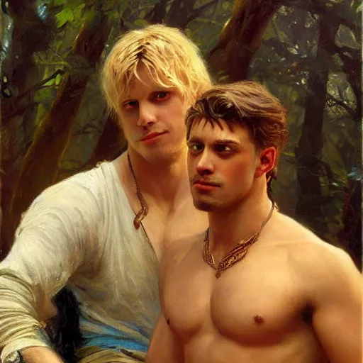 Image similar to attractive male, arthur pendragon who has blond hair confesses his love to attractive male, merlin who has dark hair. highly detailed painting by gaston bussiere, craig mullins, j. c. leyendecker 8 k