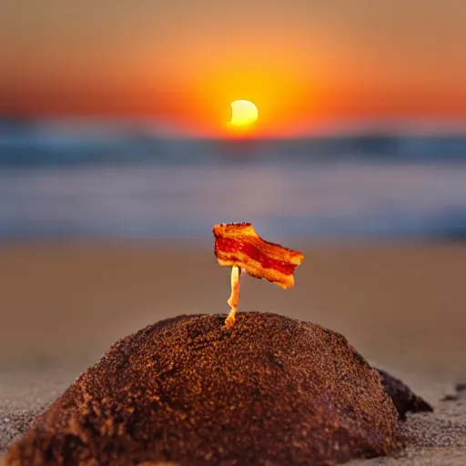 Image similar to a slice of bacon standing on the beach as the sun sets, civil twilight, backlit, photo realistic, 8 k