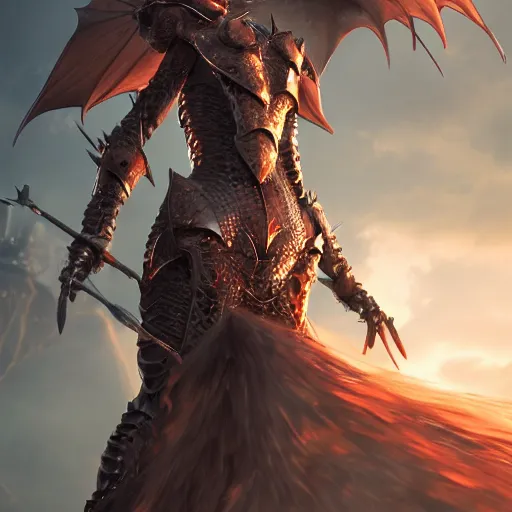 Image similar to highly detailed realistic stunning shot of a beautiful elegant anthropomorphic female dragon knight, armor made of steel, sharp claws and tail, cloak flittering in the wind, high quality, HD octane render, epic cinematography, Artstation, Deviantart, Furaffinity