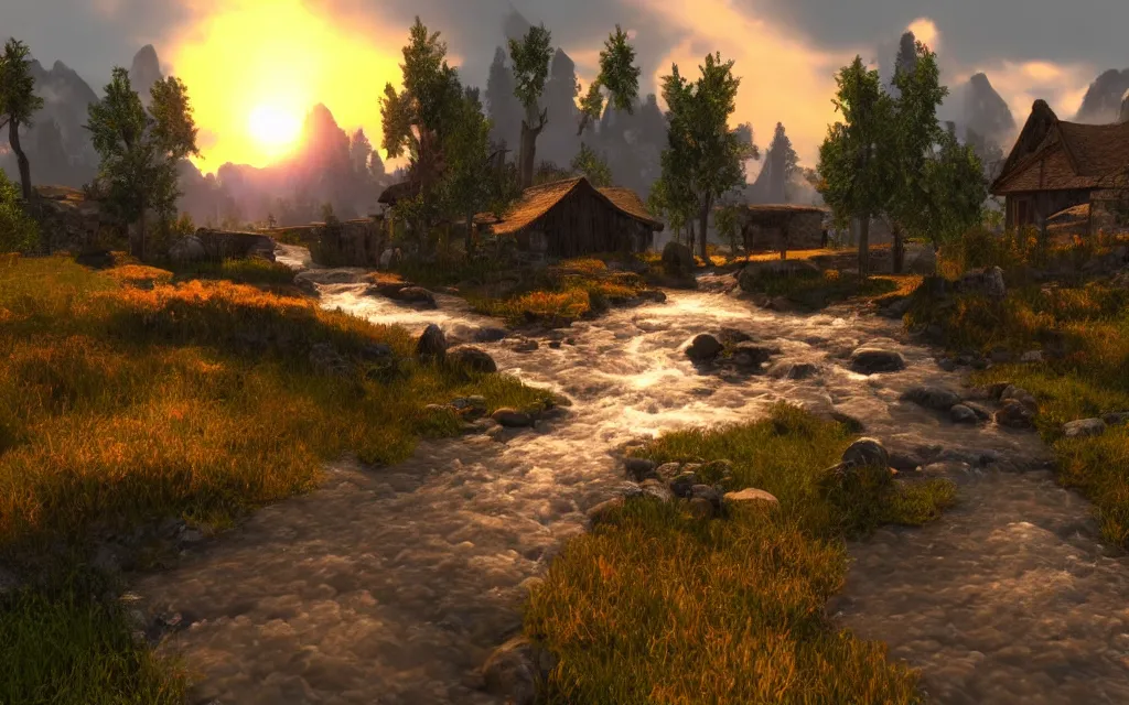 Prompt: a stream runs through a medieval village large orange sunset light clouds cows 3 d render skyrim