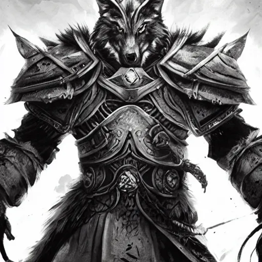 Image similar to Wolf, Anthropomorphized, as warlord general, magic the gathering artwork, D&D, fantasy, cinematic lighting, centered, symmetrical, highly detailed, digital painting, artstation, concept art, smooth, sharp focus, illustration, volumetric lighting, epic Composition, 8k, art by Akihiko Yoshida and Greg Rutkowski and Craig Mullins, heroic pose, oil painting, cgsociety, Battlefield background, explosions, arrows