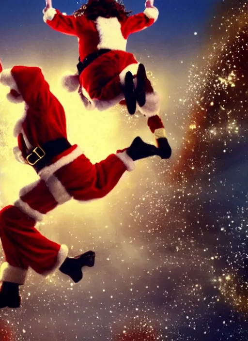Image similar to Santa and Jesus' Totally Radical Adventure, action shot of them jumping away from an explosion towards us, cinematic shot, movie