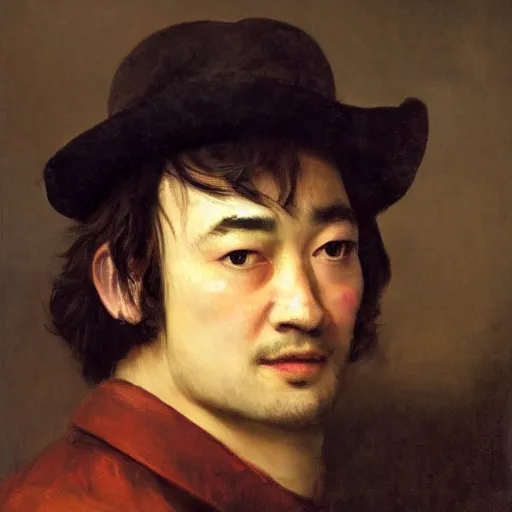 Prompt: high quality character portrait oil painting of the singer Joji, George Miller, by Rembrandt, middle close up shot