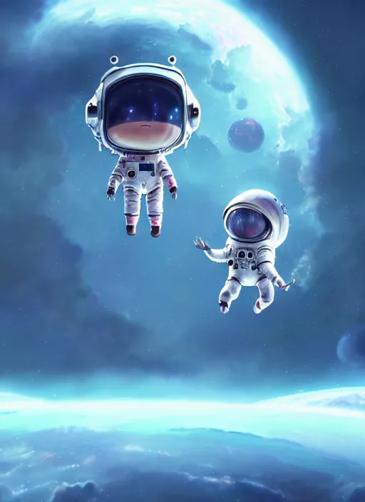 Image similar to a still of a cute kawaii astronaut android floating around a large biomechanical kaiju dragon, nebulous background of dynamic space, a dramatic composition by wlop and greg rutkowski and makoto shinkai and studio ghibli and kyoto animation cute bubbly clothing, highly detailed, digital painting, matte