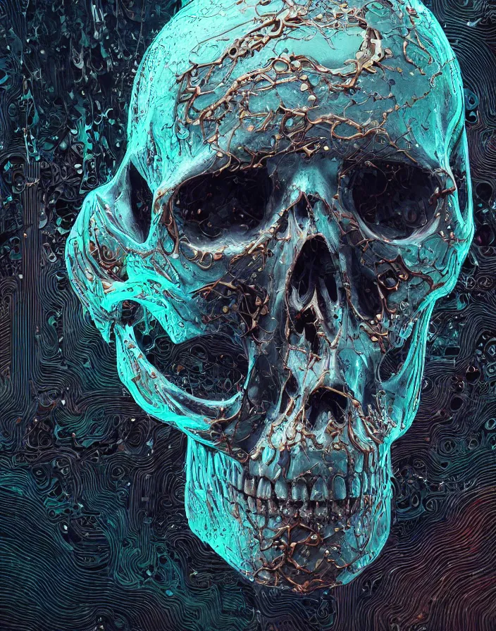 Prompt: portrait of a melting skull. intricate abstract. intricate artwork. by Tooth Wu, wlop, beeple, dan mumford. octane render, trending on artstation, greg rutkowski, retrofuturism, very coherent symmetrical artwork. cinematic, hyper realism, high detail, octane render, 8k, depth of field, bokeh. neon accents