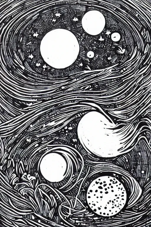 Image similar to The phases of the moon, lino cut, trending on artstation, artstationHD, artstationHQ, 4k, 8k