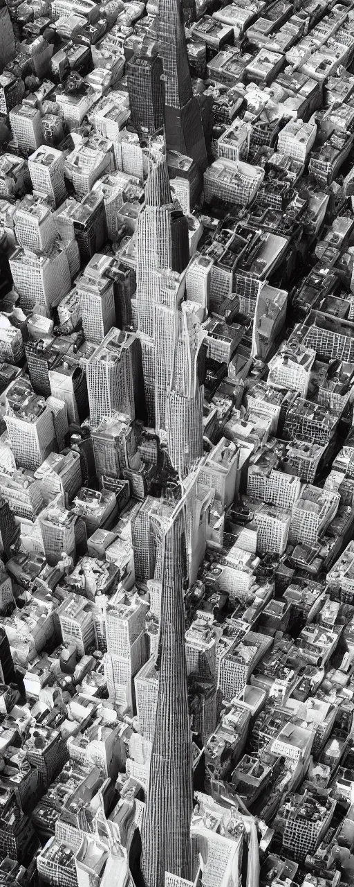 Prompt: A black and white aerial photograph of a supertall skyscraper resembling a 13th century gothic Cathedral designed by Antoni Gaudi Looms over San Francisco in 2025 photographed by Bernd and Hilla Becher, hyperrealism 8k