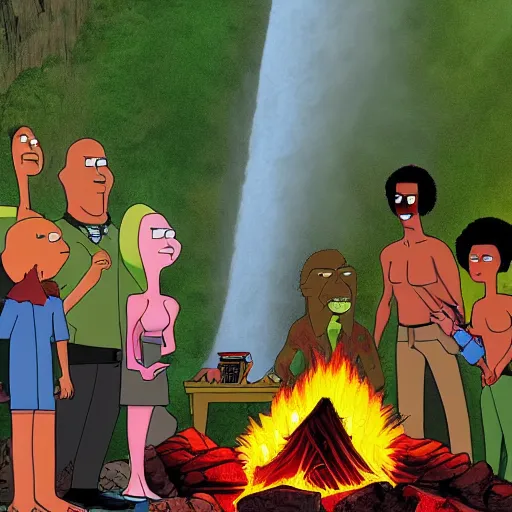 Image similar to American Dad's Roger the Alien, Frank Zappa, Jimi Hendrix, Brock Lesnar, a waterfall and pond, sunrise, campfire, a pot of gold, high definition