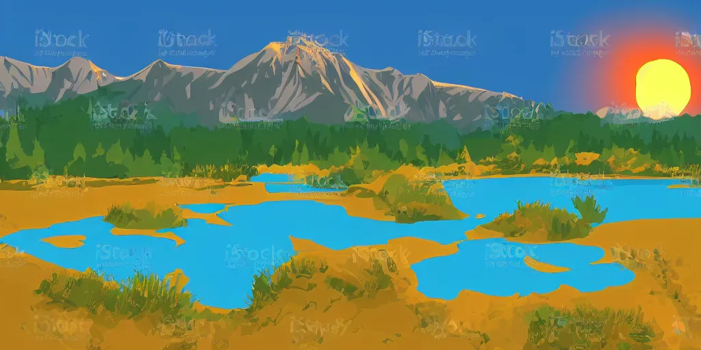 Image similar to illustration of a big and beautiful mountain with a clear pond in front of it and an orange sun behind the mountain, vector art