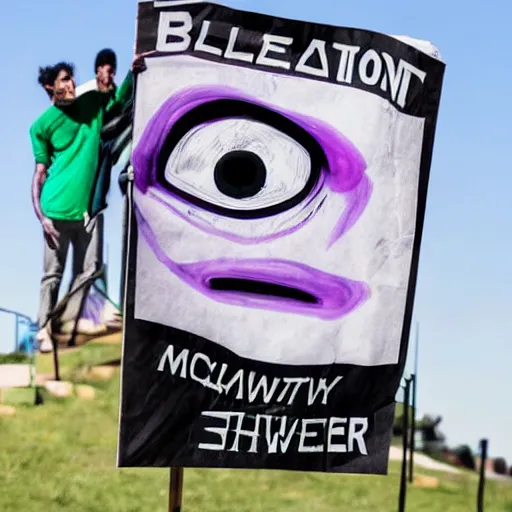 Prompt: a one eyed green and purple alien holding up a political poster about aliens in front of his body, its expression is indifferent, the edges have a stylistic blur, photorealistic, high - res, incredibly detail, vortex