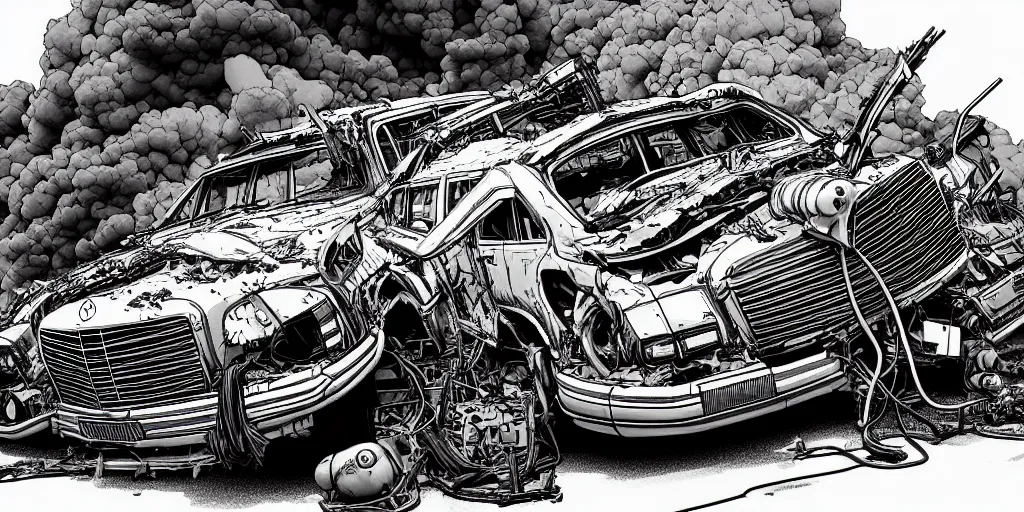 Image similar to a big woman axolotl in evil burning wrecked mercedes 1 2 4, ultrafine hyperdetailed illustration by kim jung gi