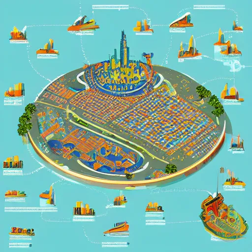 Prompt: a detailed infographic map of a futuristic city located in a round island surrounded by water with a few flying ships stationed around it, in the style of diego rivera schiele, colorfull, axonometric exploded view