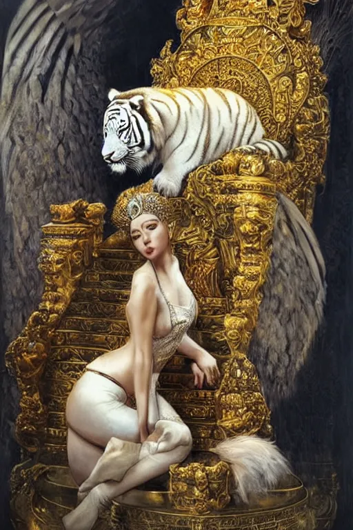 Image similar to a beautiful empress sitting on a golden throne ,white tiger guardian by her side, ultradetailed painting by Karol Bak, ornate, volumetric lighting.