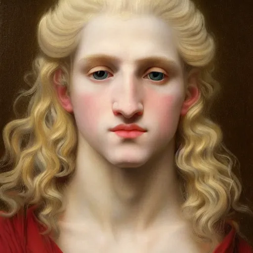 Prompt: PORTRAIT Painting of an albino germanic young androgynous Apollo. LONG CURLY light blond hair. Sharp angular clean shaven face high cheekbones hooked nose. Art by william adolphe bouguereau. During golden hour. Extremely detailed. Beautiful. 4K. Award winning.