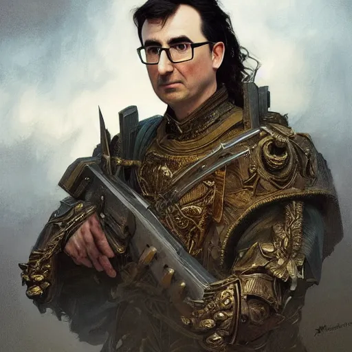 Image similar to portrait of stoic looking john oliver as the vigo carpathian painting, military uniform, fantasy, intricate, elegant, highly detailed, centered, dark, smokey, digital painting, artstation, concept art, smooth, sharp focus, illustration, art by artgerm and greg rutkowski and alphonse mucha