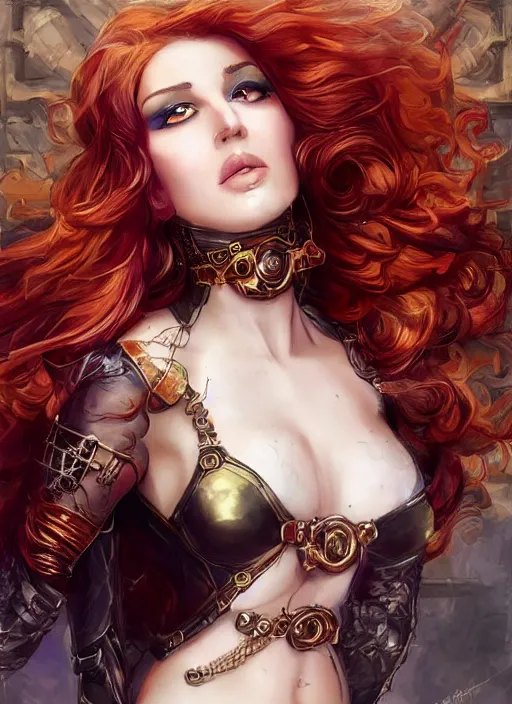 Image similar to three-quarters pose portrait of sensual Lady Mechanika, very beautiful young woman, ginger wavy hair, Intricate, steampunk imagery themed, D&D!, fantasy style, sharp focus!, ultra detailed, art by Artgerm and Peter Andrew Jones, WLUP