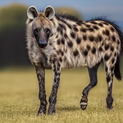 Prompt: photo of a horse hyena hybrid