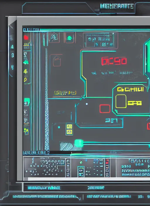 Image similar to simple cyberpunk graphics user interface ( gui ) depicting operational controls of a mech robot. design by mark coleran or jayse hansen ( 1 9 9 1 )