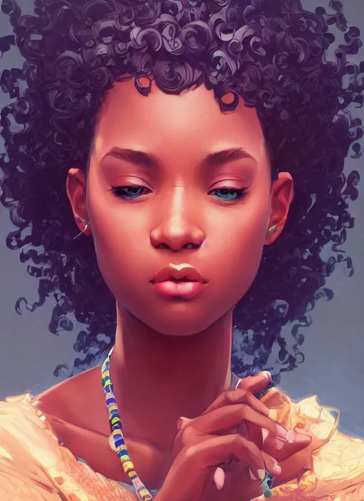 Image similar to beautiful black girl, cute, intricate, highly detailed, digital painting, trending on artstation, concept art, smooth, sharp focus, backlit, rim light, vivid colors, illustration, unreal engine 5, 8 k, art by rossdraws and alphonse mucha