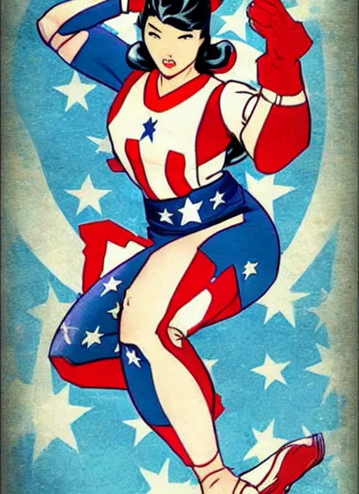 Prompt: asian female captain america. feminist captain america wins ww 2. american ww 2 propaganda poster by masamune shirow, rob liefeld and pixar. gorgeous face. geisha. pin up. overwatch.