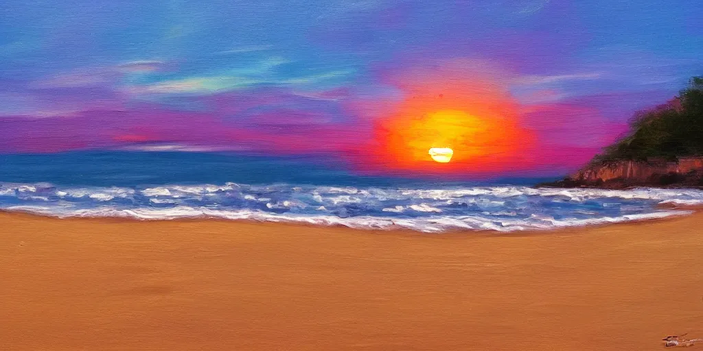 Image similar to can of bud light in the sand on the beach, sunset, landscape, high quality, radiant light, painting, in the style of Bob Ross