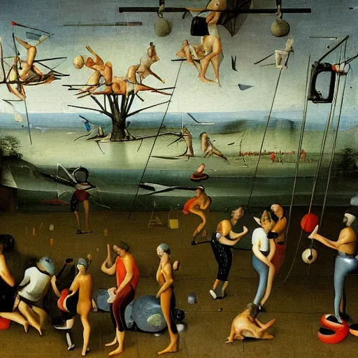 Prompt: an oil painting of a boutique exercise gym class by hieronomous bosch, surreal landscape painting, sports