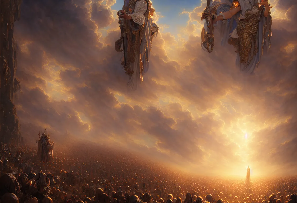 Image similar to opened gates of heaven with millions of people ascending to heaven, biblical, fantasy, intricate, elegant, highly detailed, digital painting, artstation, concept art, smooth, sharp focus, octane render, dramatic lighting, volumetric lighting, cinematic lighting, art by artgerm and greg rutkowski and alphonse mucha and wlop