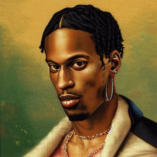 Image similar to a renaissance style portrait painting of travis scott