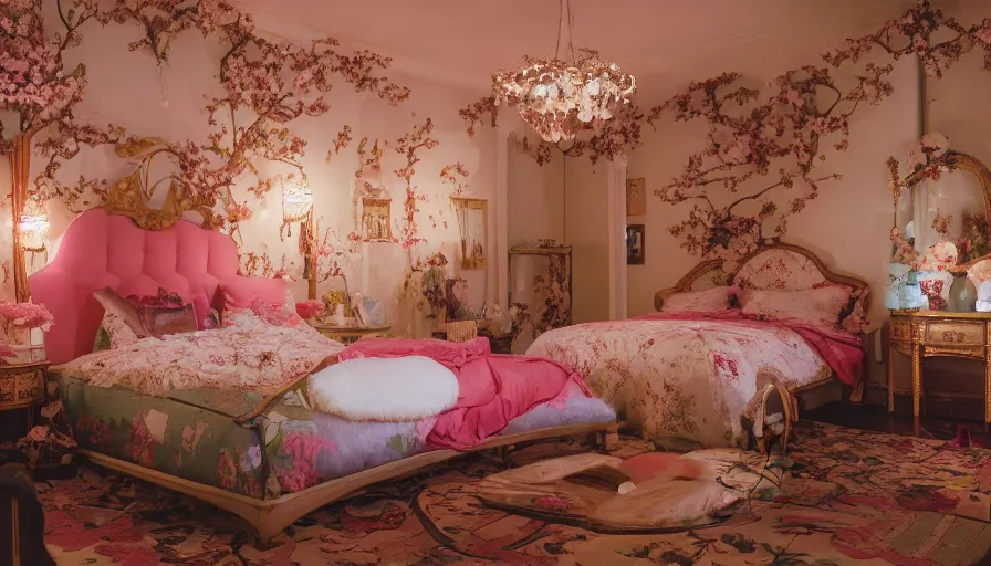 Prompt: a Wes Anderson 35mm film still of a very surreal magic cozy luxury Japanese European bedroom transforming into a magical castle garden, golden hour, clean, falling cherry blossom pedals, in the style of Gucci, James Jean color palette, glowing warm lights and floating lanterns, foggy atmosphere, rainy, moody, muted colors, magic details, high detail, high resolution, 8k, cinematic look, unreal engine, psychedelic,