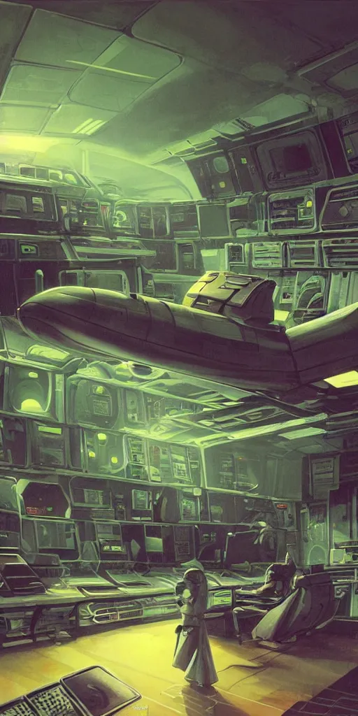 Image similar to spaceship medic room , mysterious laboratory, thick green mist, low ceiling, cables hanging from ceiling, thick cables on ground, god rays of light, huge computer screens, neons, saturated top light , epic scene, scifi, illustration, art by Juan Giménez and moebius