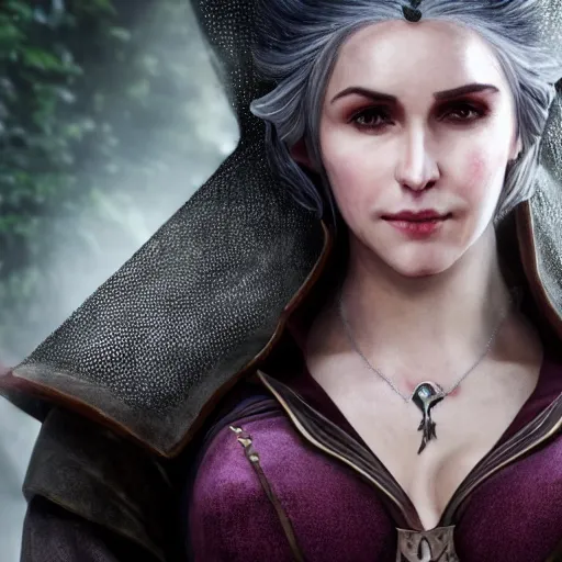 Prompt: yennefer from the netflix witcher as a medieval fantasy tolkien elf, dark purplish hair tucked behind ears, wearing a fur lined collar, wide face, muscular build, scar across the nose, cinematic, real life, character art, 8 k detailed.
