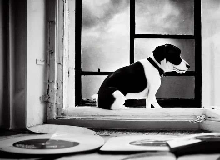 Image similar to photography of a Jack Russel . watching outside the window. on a bed. in a vintage room full of vinyls and posters.,volumetric light, photorealistic,, award winning photo, 100mm, sharp, high res