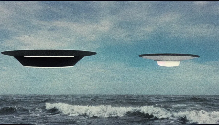 Image similar to 7 0 s film still of a ufo hovering above ocean, highly intricate, highly realistic, kodachrome, cinecolor, cinestill, photorealism, cinematic, film grain, film texture, vhs recording