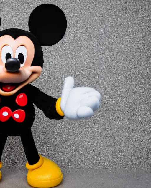 Prompt: A high-quality studio portrait of a grim, threatening-looking Mickey Mouse; bokeh, 90mm, f/1.4