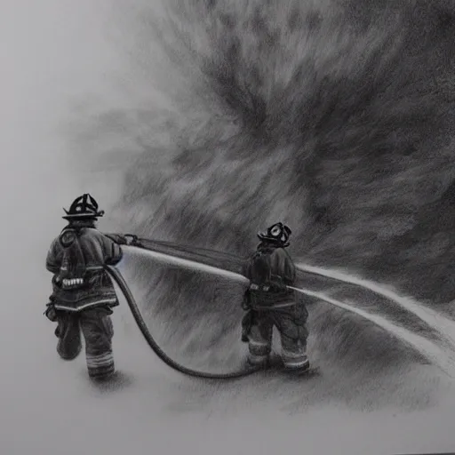 Image similar to Firefighters extinguish the fire. Fantasy. Pencil drawing