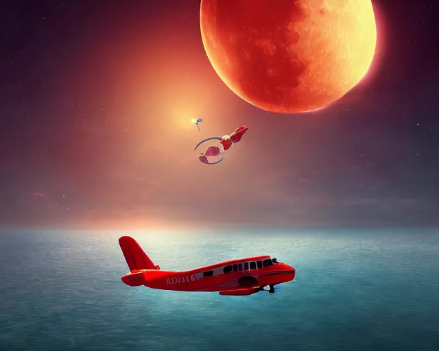 Image similar to a seaplane flying to the moon, porco rosso style, intricate, highly detailed, soft illumination, digital painting, artstation, concept art, smooth, sharp focus, illustration, cinematic, vfx, 4 k