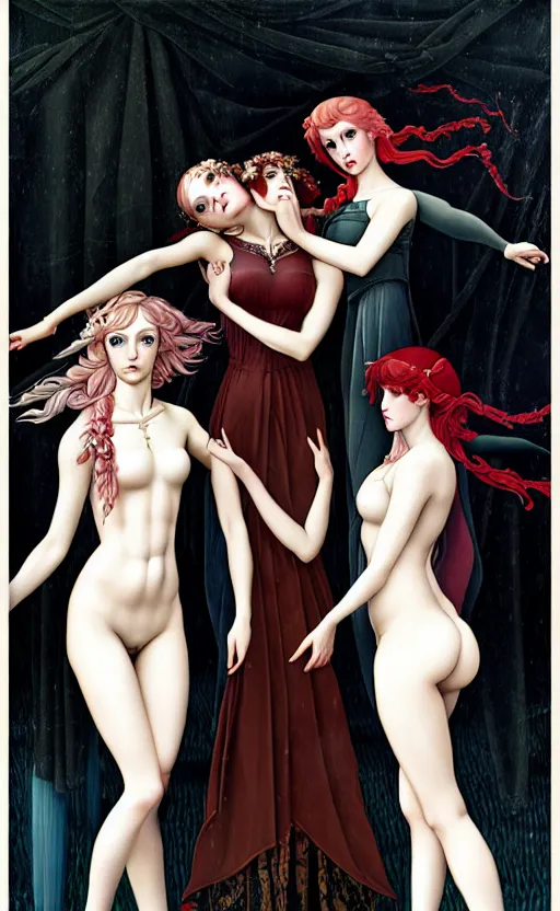 Image similar to 3 muses, (Representing the 3 months of December, January, and February), in a mixed style of Botticelli and Æon Flux, inspired by pre-raphaelite paintings, shoujo manga, and Harajuku street fashion, sparse frozen landscape, dark and moody colors, hyper detailed, super fine inking lines, dramatic lighting, 4K extremely photorealistic, Arnold render