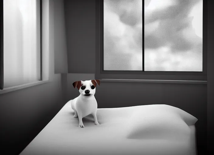 Prompt: photography of a Jack Russel . watching outside the window. on a bed .in a 3d rendered white room. octane render, 3d, foggy, volumetric light, volumetric fog, photorealistic, unreal engine 5, award winning photo, 100mm, sharp, cloth, high res
