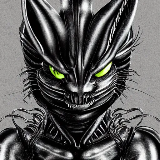 Prompt: a cat styled like a xenomorph, metallic texture, dark, high contrast lighting, Giger