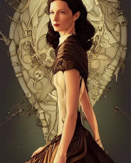 Image similar to in the style of joshua middleton, artgerm, beautiful caitriona balfe, steampunk, full body, blue dress, elegant pose, middle shot, spooky, symmetrical face, symmetrical eyes, detailed realisitc eyes, detailed realistic eyes, detailed and intricate