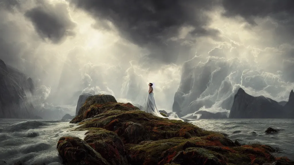 Image similar to queen, norway fjord, close up portrait, hudson river school, max rive, stormy seas, white royal dress, beautiful, bokeh, gentle, female, snowy, storm clouds, god rays, close up portrait, d & d, fantasy, elegant, low key color palette, concept art, roger deakins and greg rutkowski and alphonse mucha