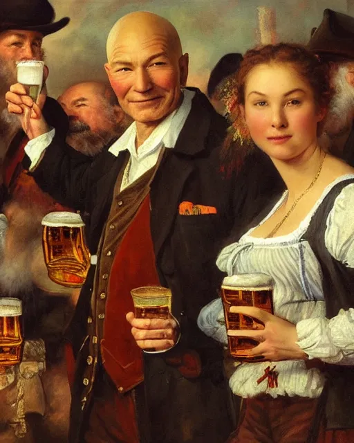 Image similar to a painting of patrick stewart holding a mug of beer at the oktoberfest, a detailed painting by konstantin makovsky and by jan matejko and by nikolay makovsky, shutterstock contest winner, german romanticism, detailed painting, oil on canvas, wimmelbilder