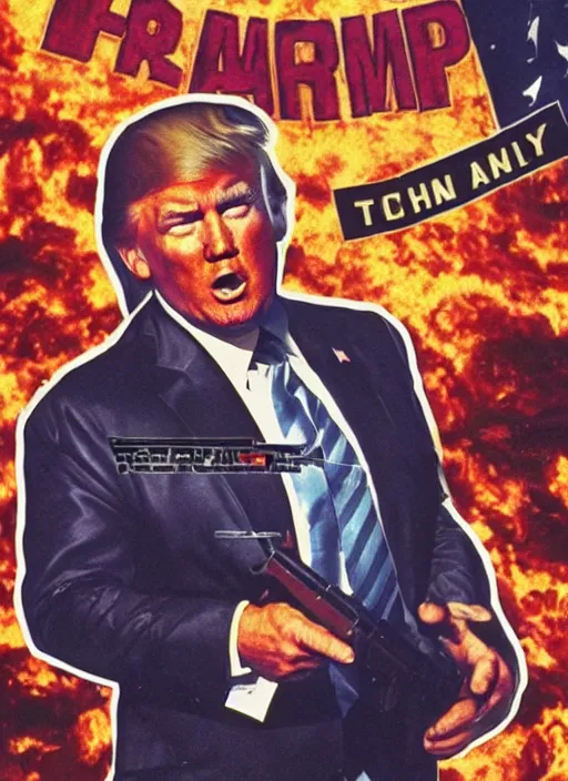 Prompt: an 8 0's john alvin action movie poster of donald trump starring in dumpster fire. explosions.