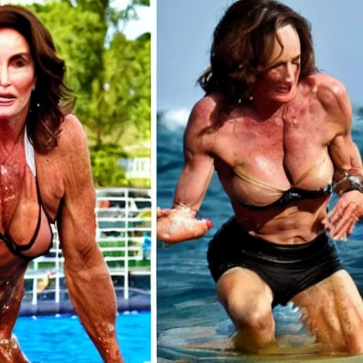 Image similar to Admiral Rachel Levine versus Caitlyn Jenner in an oil wrestling contest