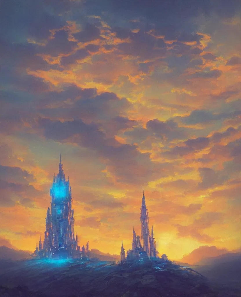 Prompt: “ a landscape painting in the style of noriyoshi ohrai of a holy tower, it is a glowing fortress and has iridescent mana radiating from it into the aether. it is centered. the background is the sky at dawn. retrofuturistic fantasy ”