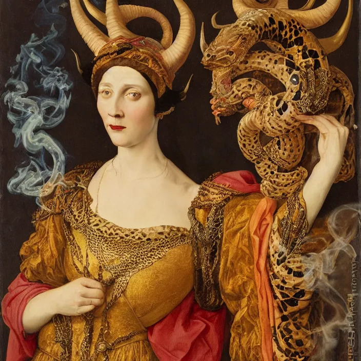 Prompt: portrait of a woman with horns and a snake around her neck, her eyes made of colorful smoke, full-length, oil painting in a renaissance style , very detailed, gold background, painted by William Clarke Wontner.